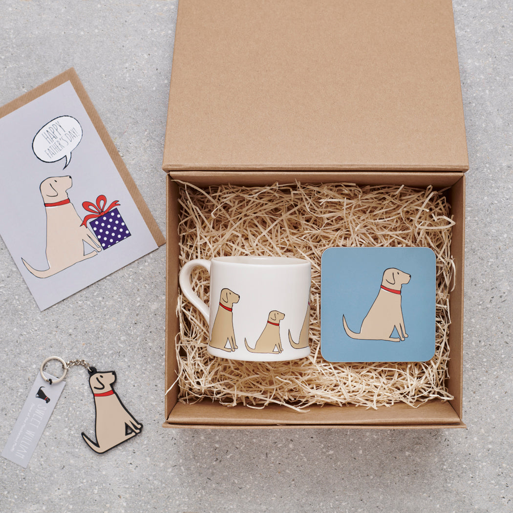 Yellow Labrador Father's Day gift hamper featuring card, mug, coaster and keyring — thoughtful dog lover gift set by Sweet William Designs