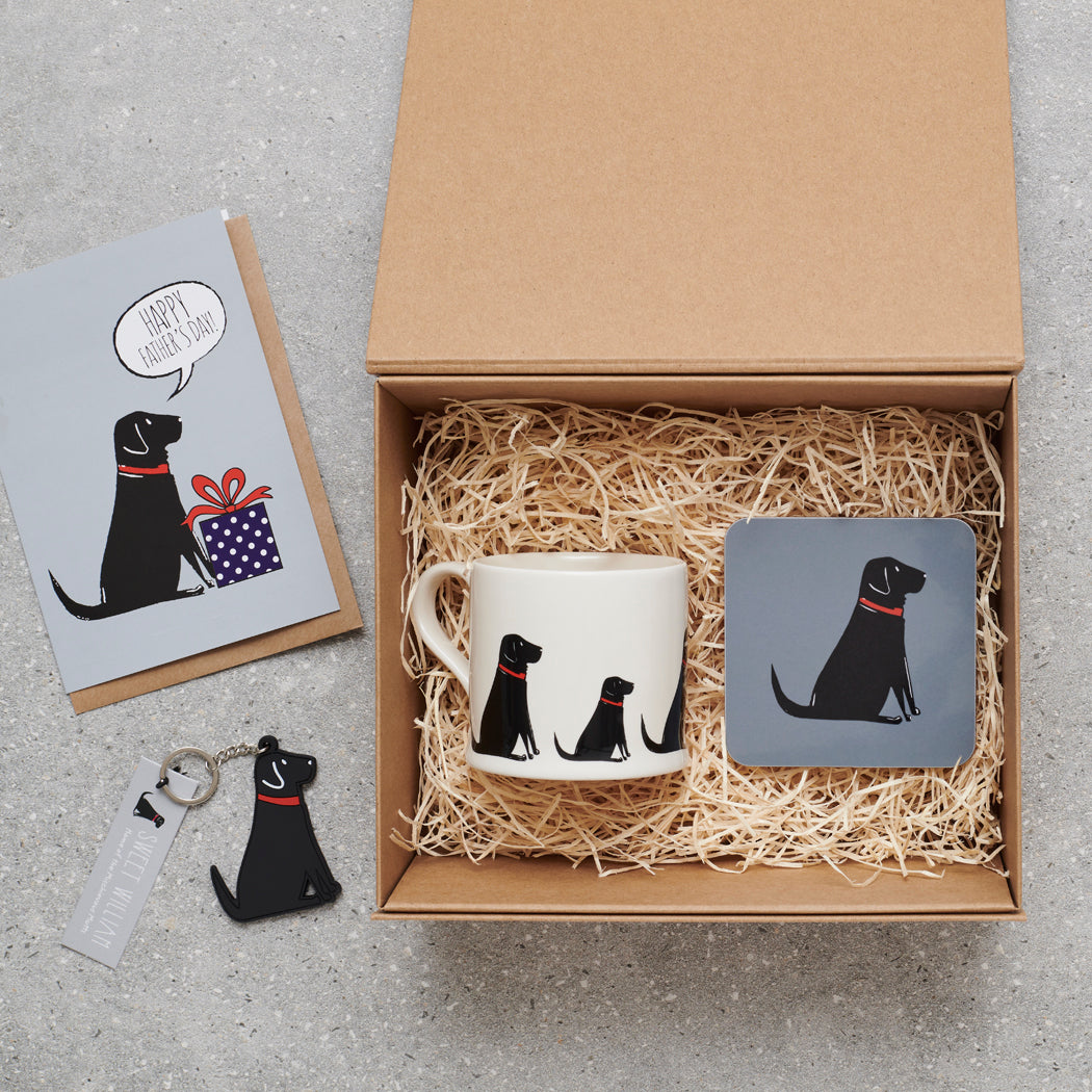 Black Labrador Father's Day gift hamper featuring card, mug, coaster and keyring — thoughtful dog lover gift set by Sweet William Designs
