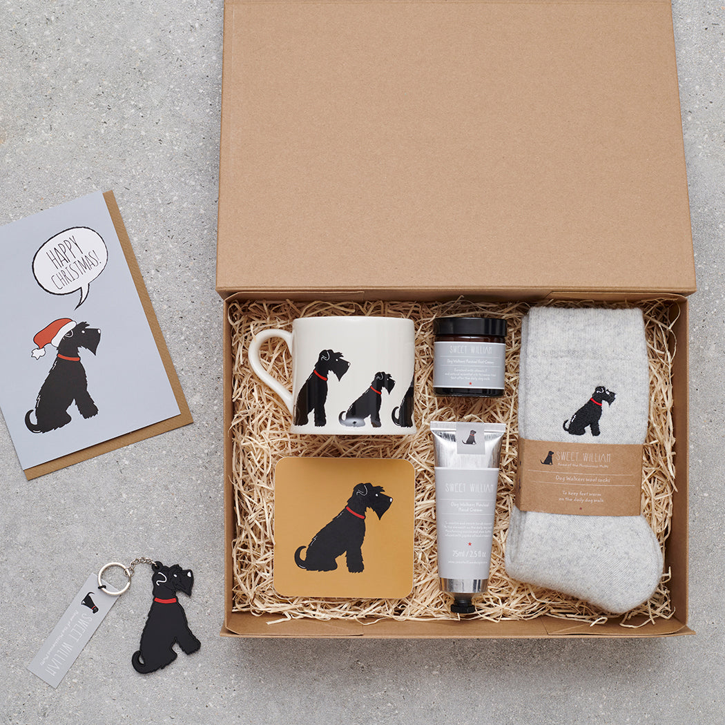 Hamper featuring Black Schnauzer socks — thoughtful dog lover gift set by Sweet William Designs