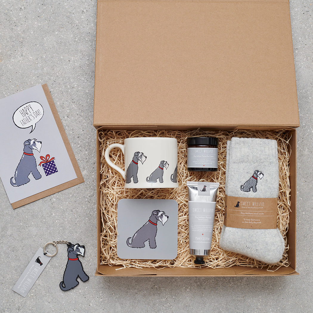 Hamper featuring Grey Schnauzer socks — thoughtful dog lover gift set by Sweet William Designs