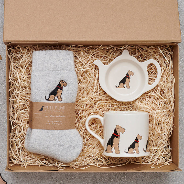 Airedale gift hamper featuring personalised Welsh Terrier keyring — thoughtful dog lover gift set by Sweet William Designs
