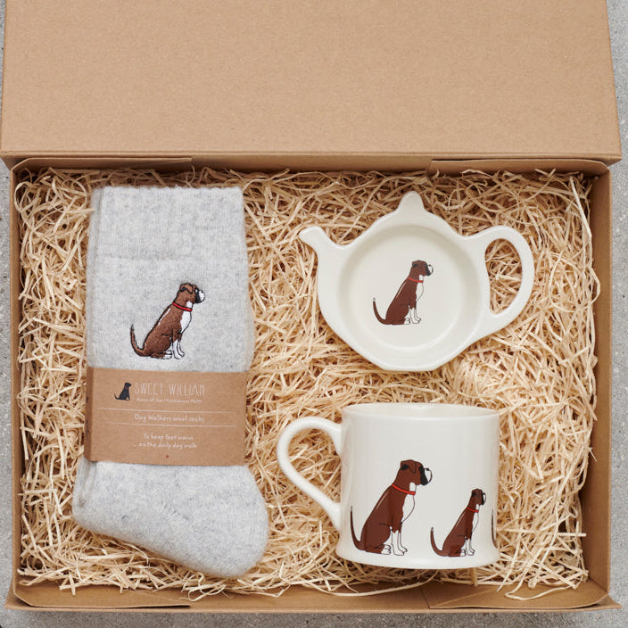 Boxer gift hamper featuring teabag dish, mug & socks — thoughtful dog lover gift set by Sweet William Designs