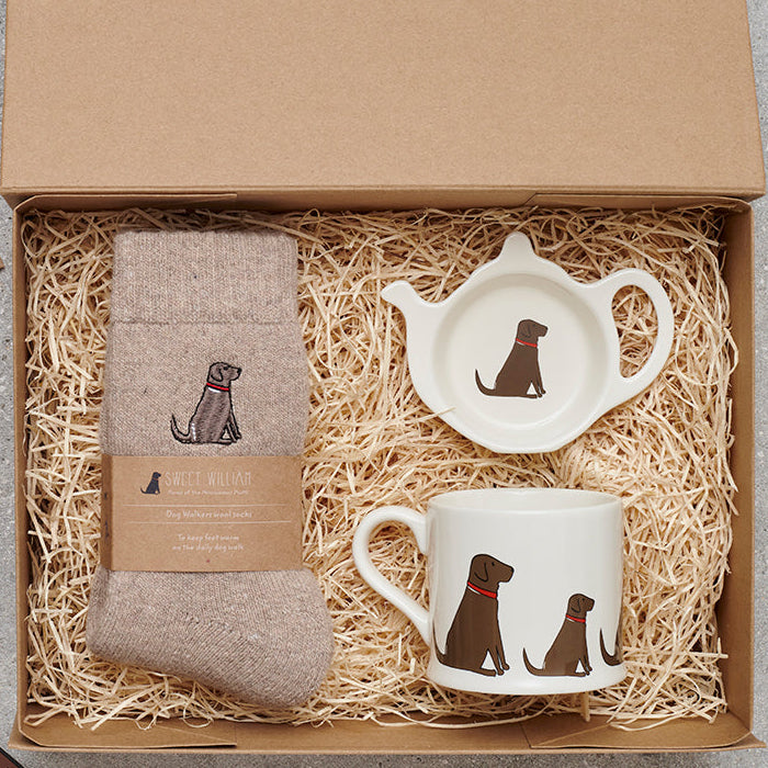 Chocolate Labrador gift hamper featuring teabag dish, mug & socks — thoughtful dog lover gift set by Sweet William Designs