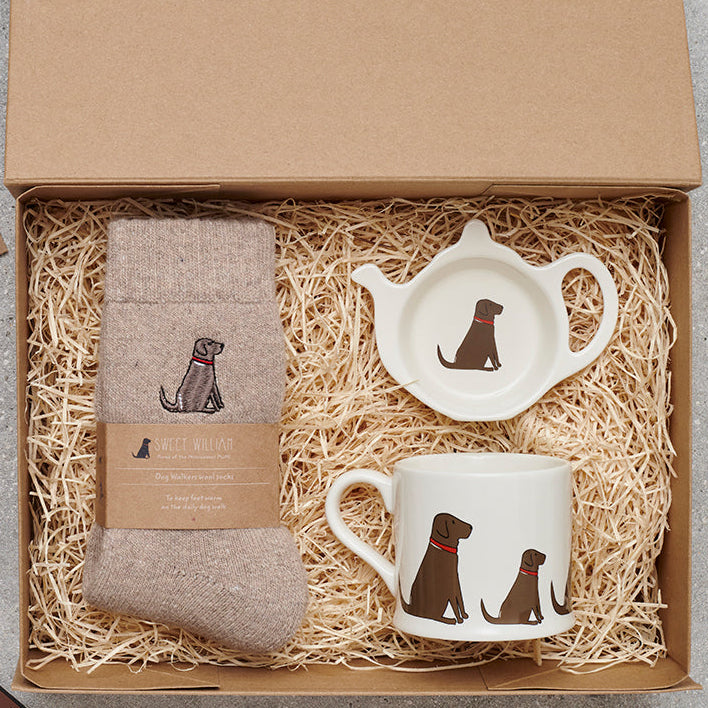Chocolate Labrador gift hamper featuring coaster and teabag dish — thoughtful dog lover gift set by Sweet William Designs