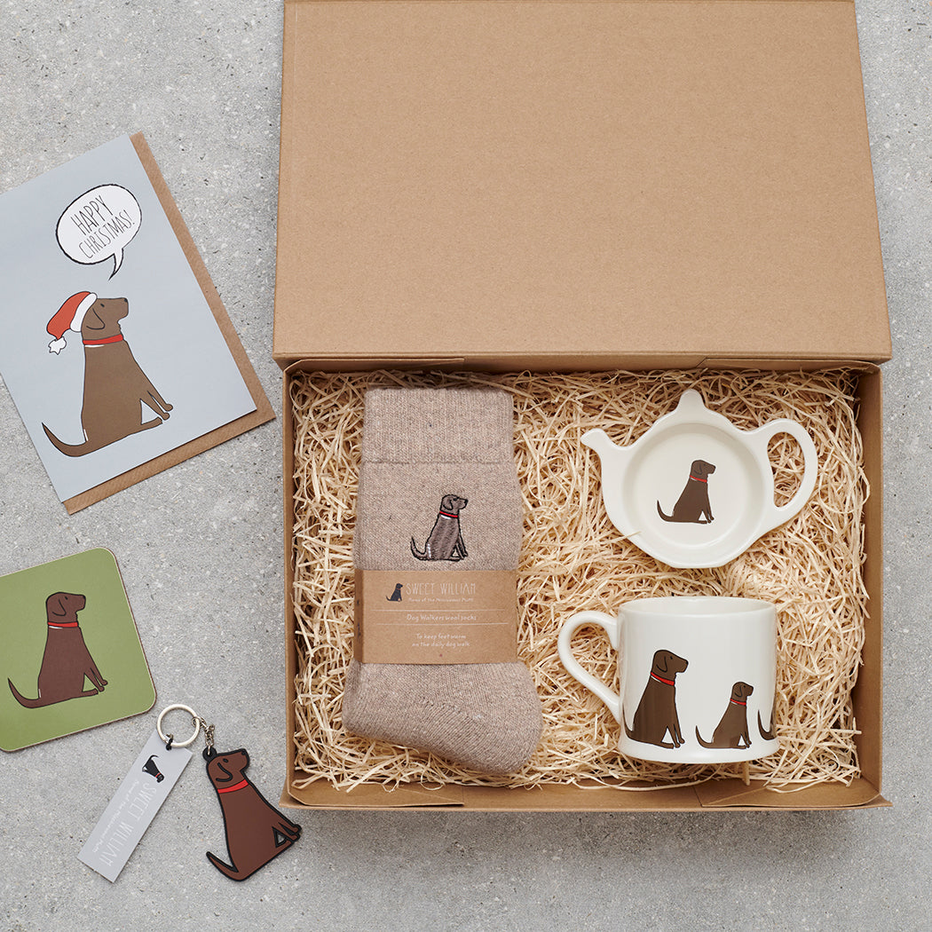 Chocolate Labrador gift hamper featuring personalised Choc Lab keyring — thoughtful dog lover gift set by Sweet William Designs