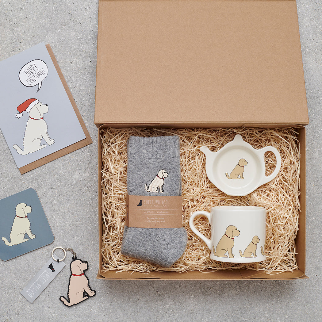 Apricot Cockapoo / Labradoodle gift hamper featuring personalised Apricot Cockapoo / Labradoodle keyring — thoughtful dog lover gift set by Sweet William Designs