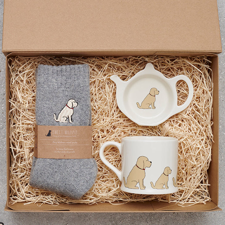 Apricot Cockapoo / Labradoodle gift hamper featuring coaster and teabag dish — thoughtful dog lover gift set by Sweet William Designs