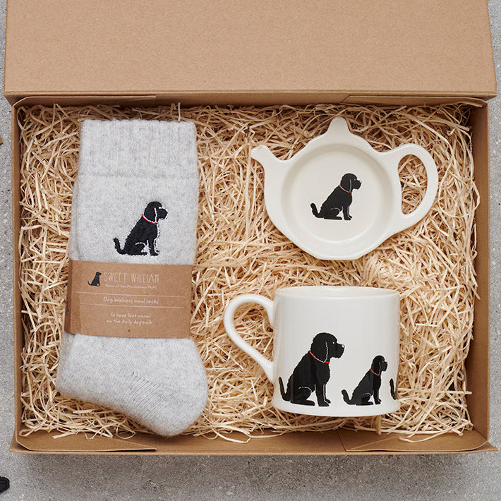 Black Cockapoo / Labradoodle gift hamper featuring coaster and teabag dish — thoughtful dog lover gift set by Sweet William Designs