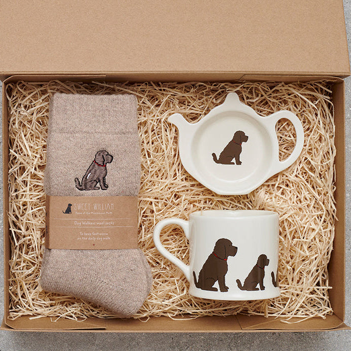 Chocolate Cockapoo / Labradoodle gift hamper featuring teabag dish, mug & socks — thoughtful dog lover gift set by Sweet William Designs