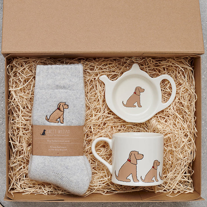 Golden Cocker Spaniel gift hamper featuring teabag dish, mug & socks — thoughtful dog lover gift set by Sweet William Designs