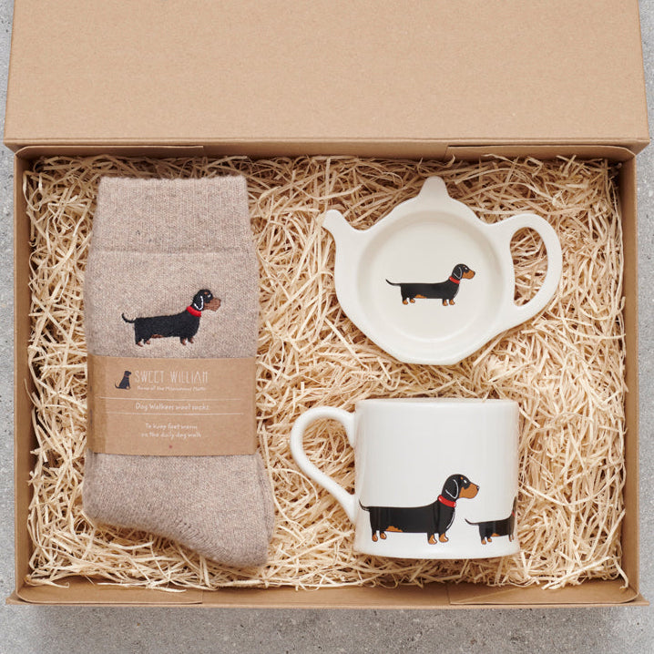 Dachshund gift hamper featuring teabag dish, mug & socks — thoughtful dog lover gift set by Sweet William Designs