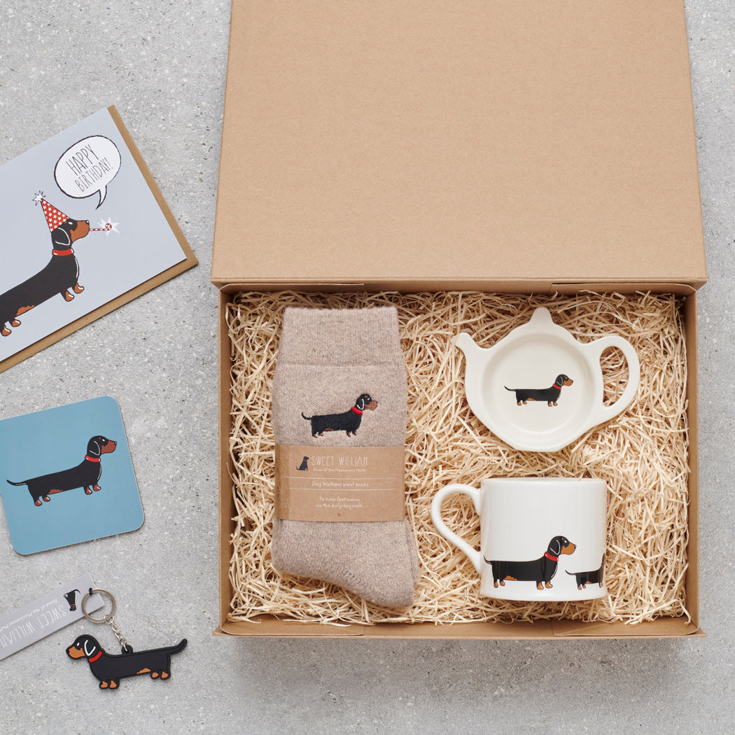 Dachshund gift hamper featuring personalised Dachshund keyring — thoughtful dog lover gift set by Sweet William Designs