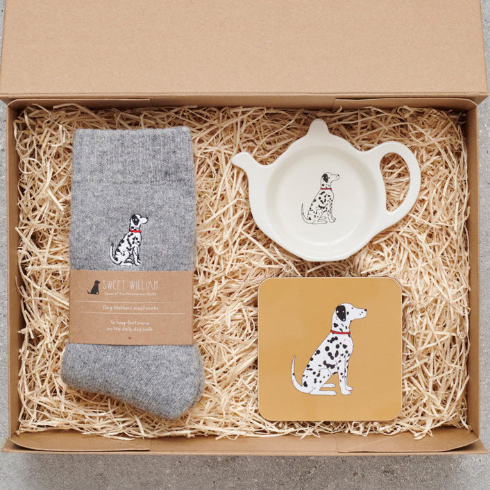 Dalmatian gift hamper featuring teabag dish, coaster & socks — thoughtful dog lover gift set by Sweet William Designs