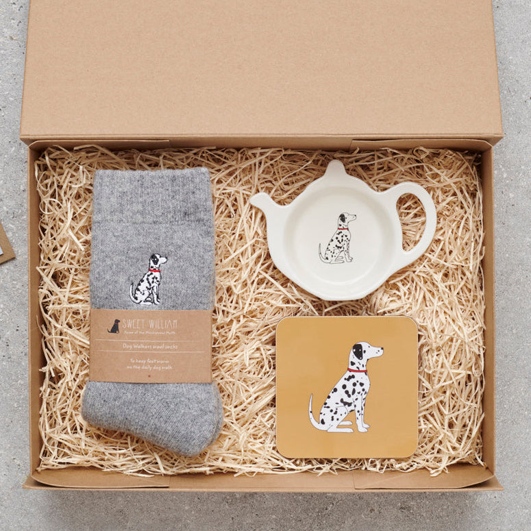 Dalmatian gift hamper featuring coaster and teabag dish — thoughtful dog lover gift set by Sweet William Designs