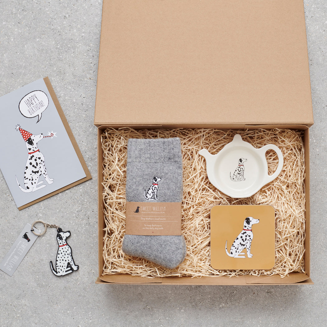 Dalmation gift hamper featuring personalised Dalmation keyring — thoughtful dog lover gift set by Sweet William Designs