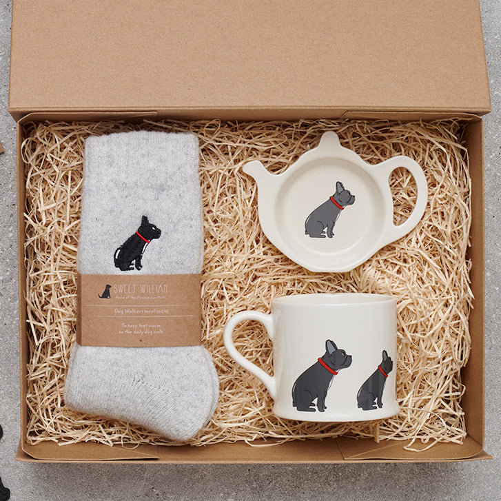 French Bulldog gift hamper featuring teabag dish, mug & socks — thoughtful dog lover gift set by Sweet William Designs