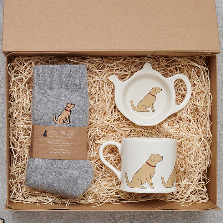 Golden Retriever gift hamper featuring teabag dish, mug & socks — thoughtful dog lover gift set by Sweet William Designs