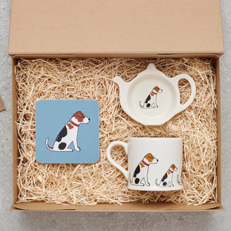 Jack Russell gift hamper featuring teabag dish, mug & coaster — thoughtful dog lover gift set by Sweet William Designs