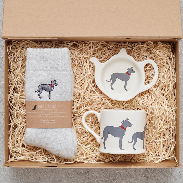 Lurcher gift hamper featuring teabag dish, mug & socks — thoughtful dog lover gift set by Sweet William Designs