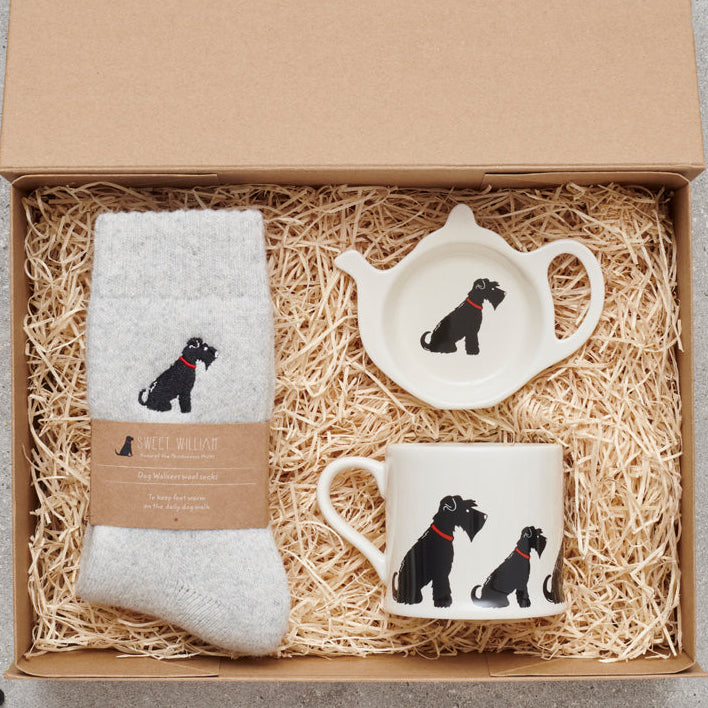 Black Schnauzer gift hamper featuring teabag dish, mug & socks — thoughtful dog lover gift set by Sweet William Designs