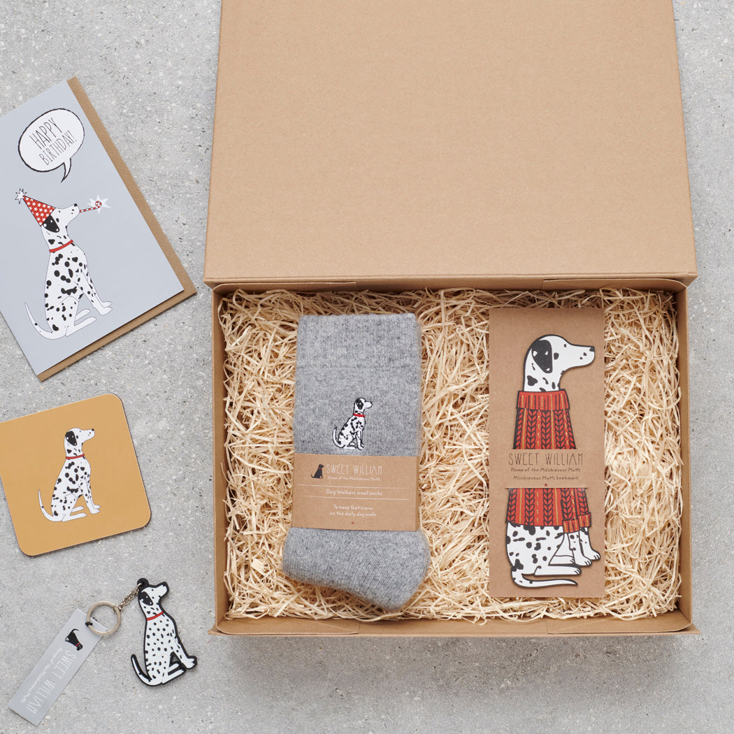 Dalmatian gift hamper featuring bookmark, socks, coaster and keyring — thoughtful dog lover gift set by Sweet William Designs