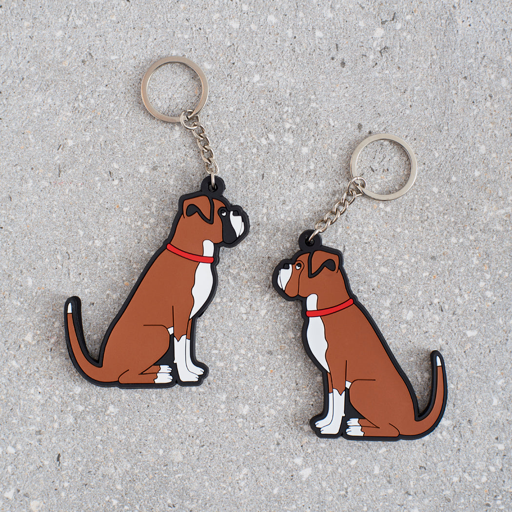 Boxer keyring showing both sides — double-sided PVC design with Sweet William's classic Boxer illustration