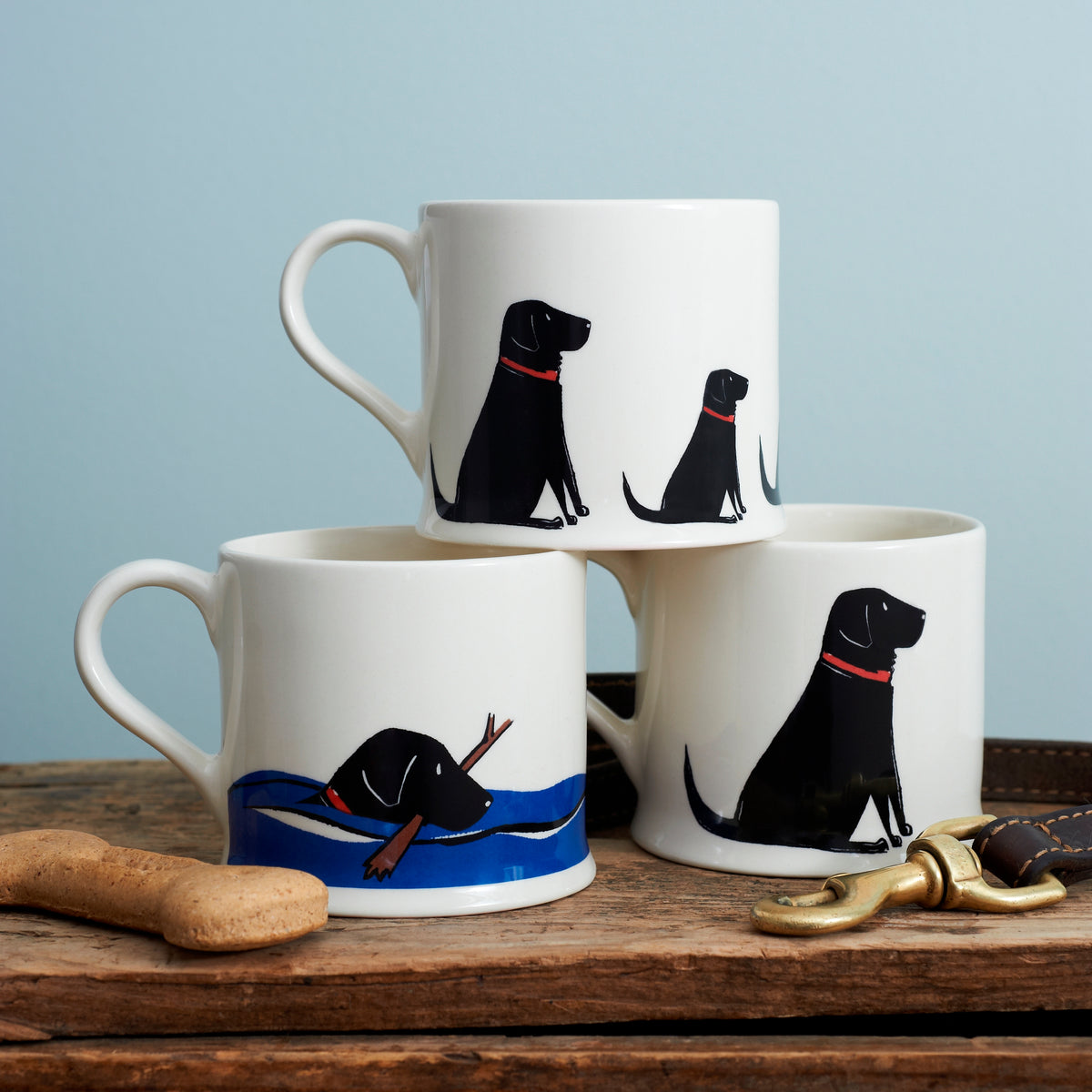 Swimming Black Labrador mug alongside matching Labrador gifts — Sweet William Designs dog lover gift set