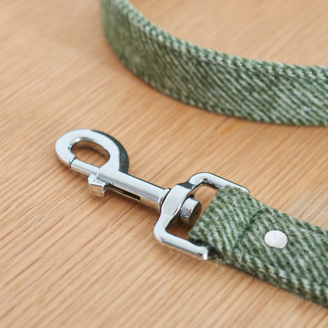Close-up of the silver clasp on a green tweed dog lead