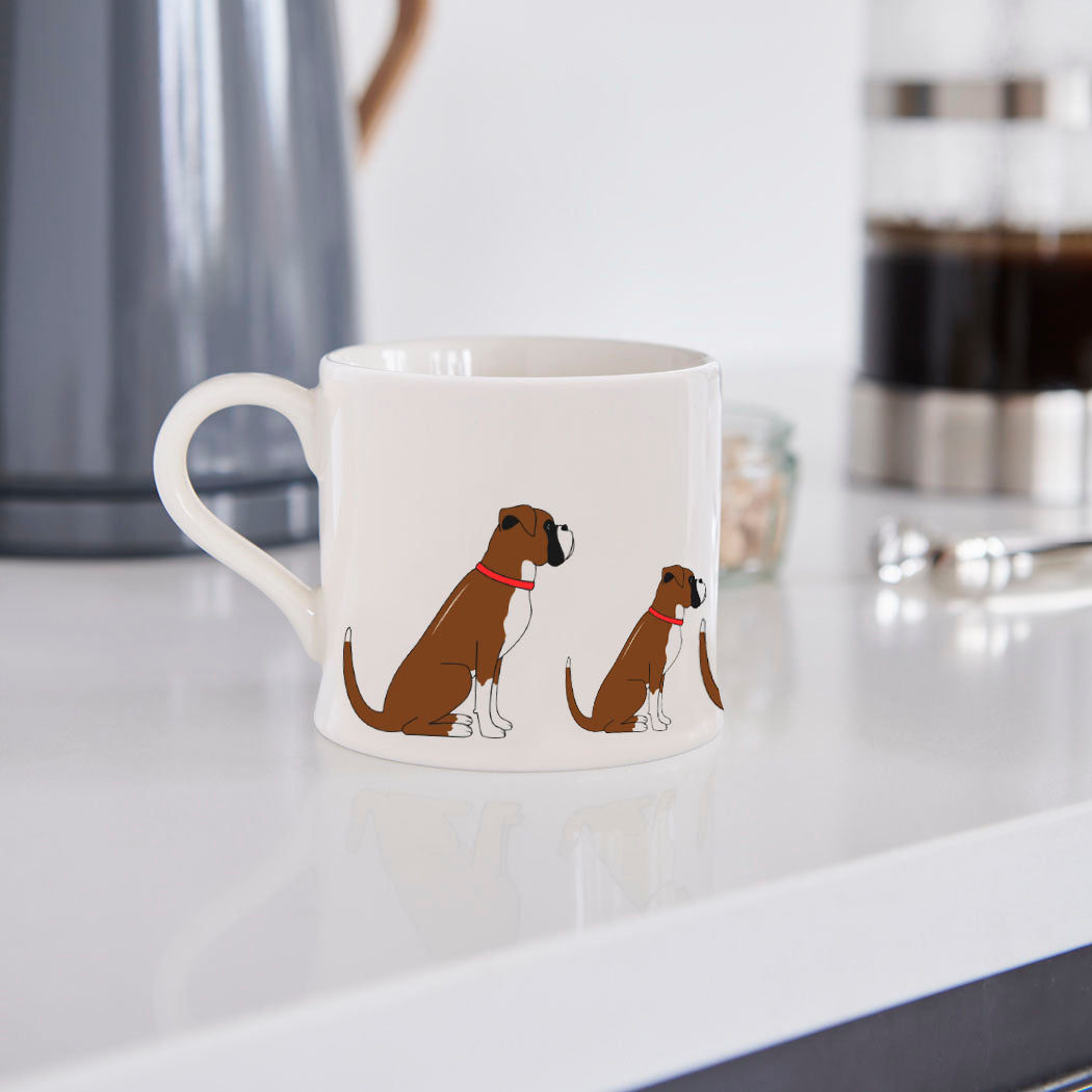 Sweet William Boxer Mug in a kitchen setting — illustrated Boxer dog ceramic mug
