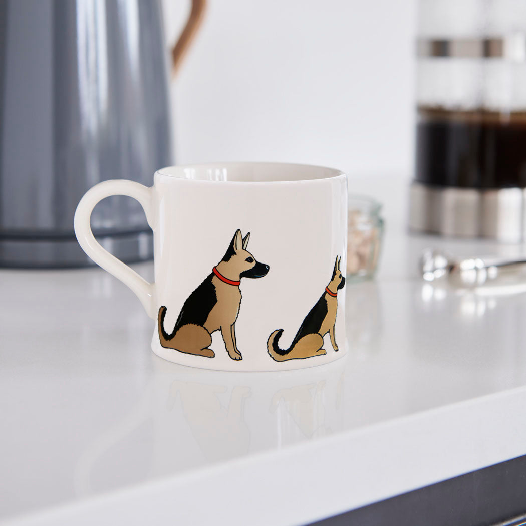 Sweet William German Shepherd Mug in a kitchen setting — illustrated German Shepherd ceramic mug