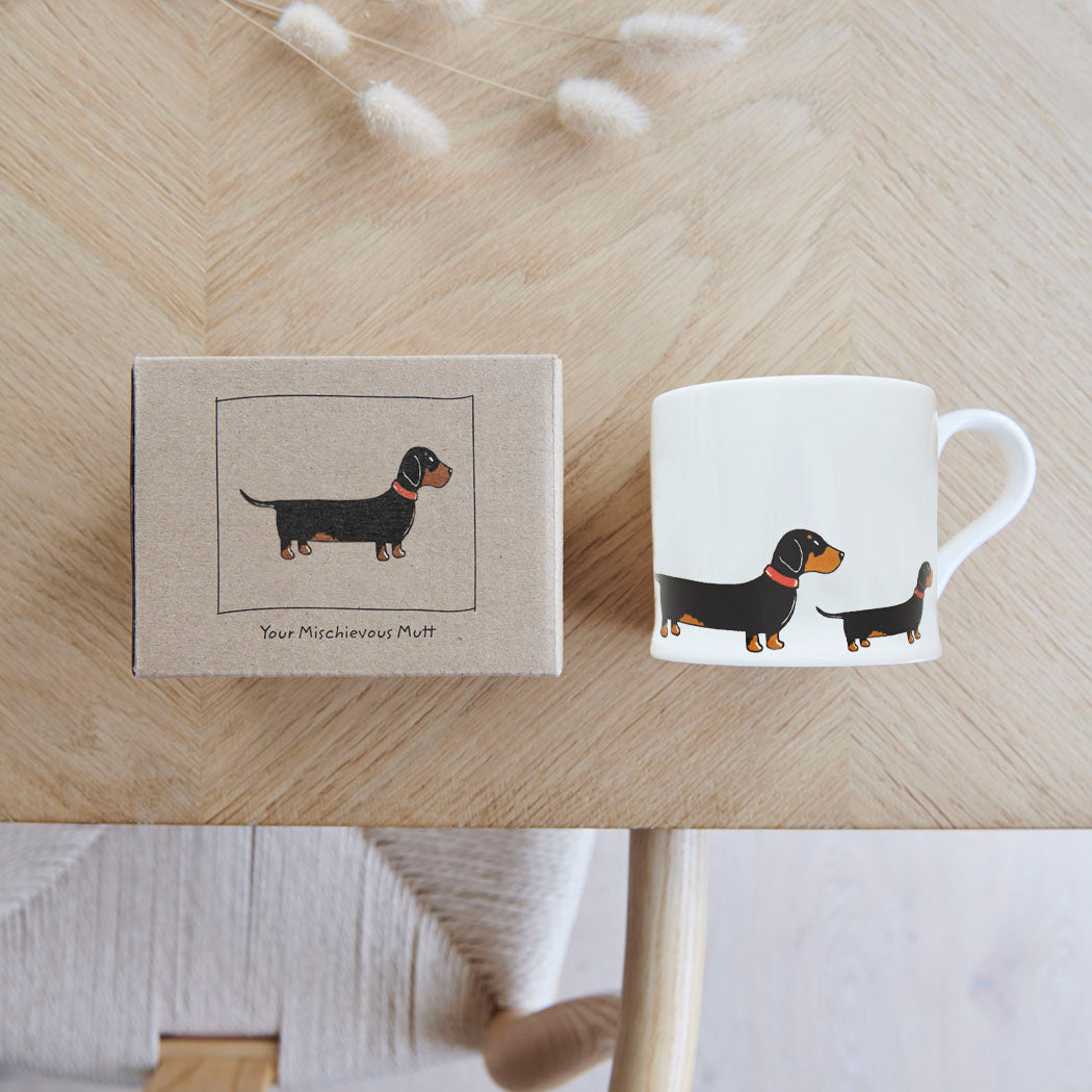 Sweet William Dachshund Mug with kraft gift box — Dachshund gift set presentation