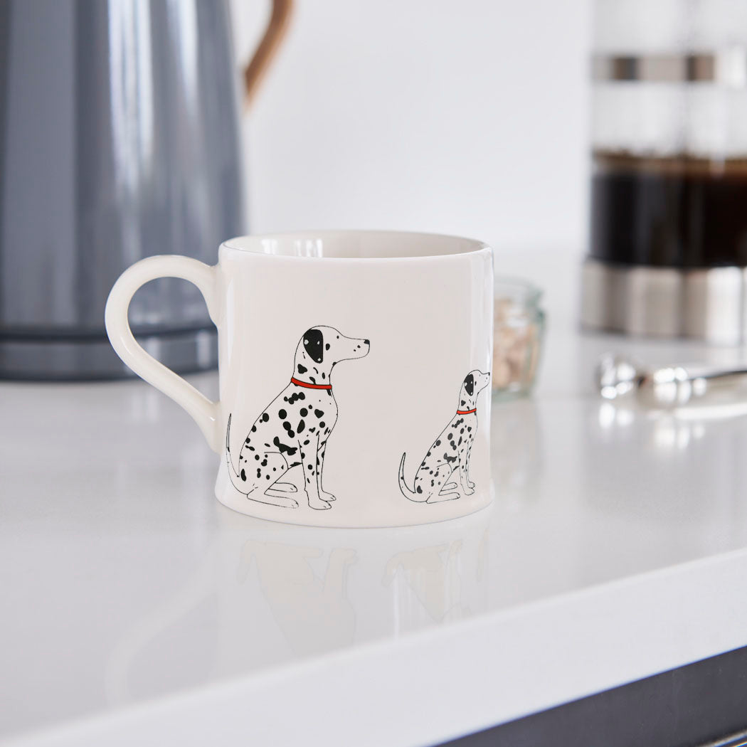 Sweet William Dalmatian Mug in a kitchen setting — illustrated Dalmatian ceramic mug