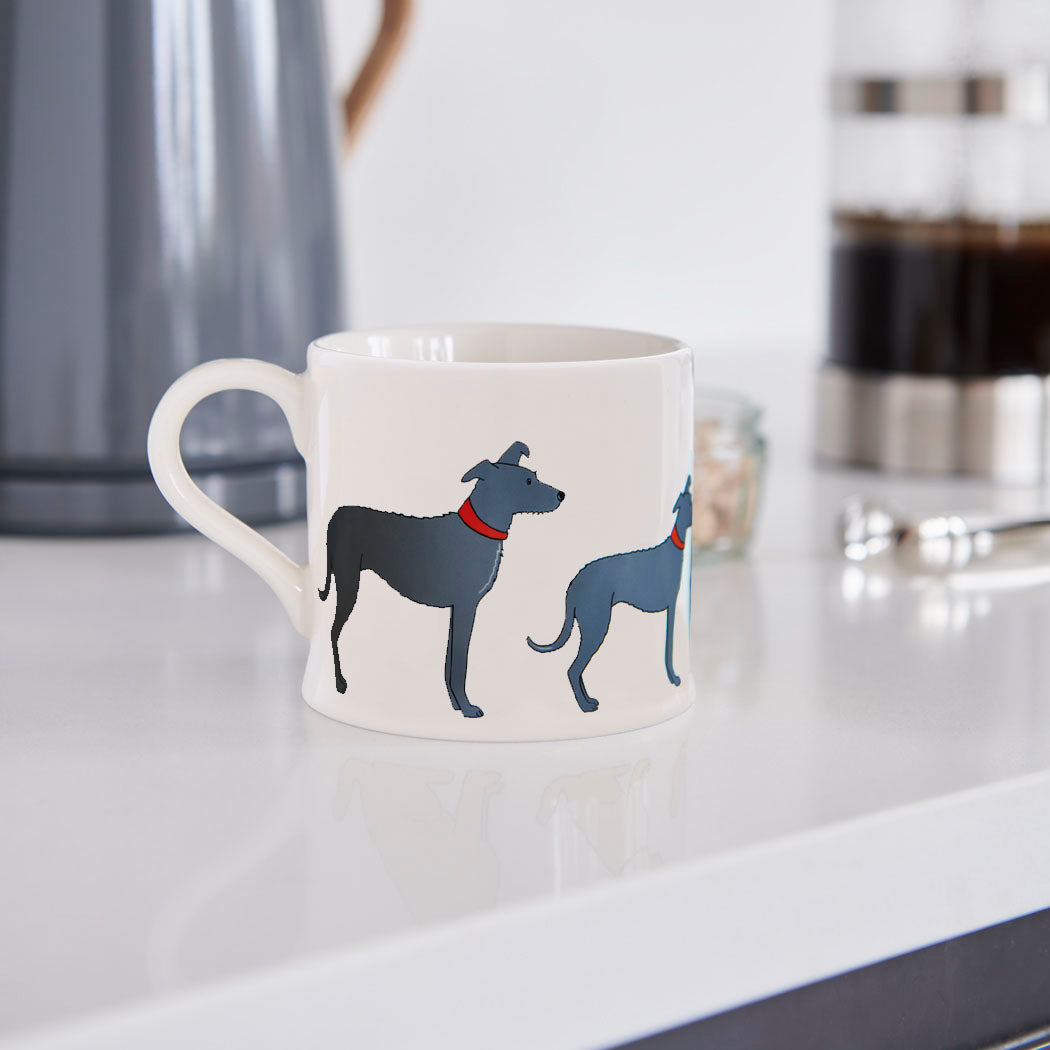 Sweet William Lurcher Mug in a kitchen setting — illustrated Lurcher ceramic mug