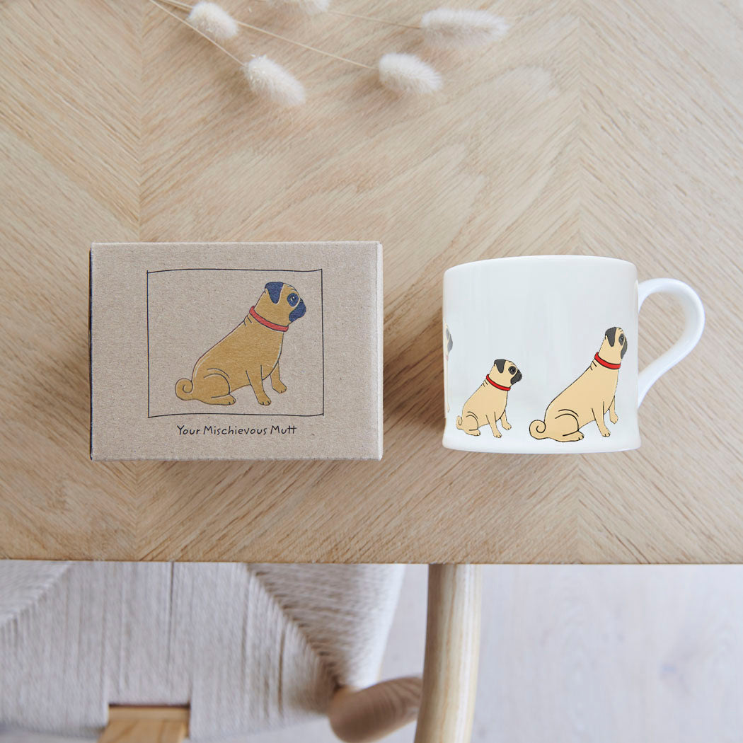 Sweet William Pug Mug with kraft gift box — Pug gift set presentation