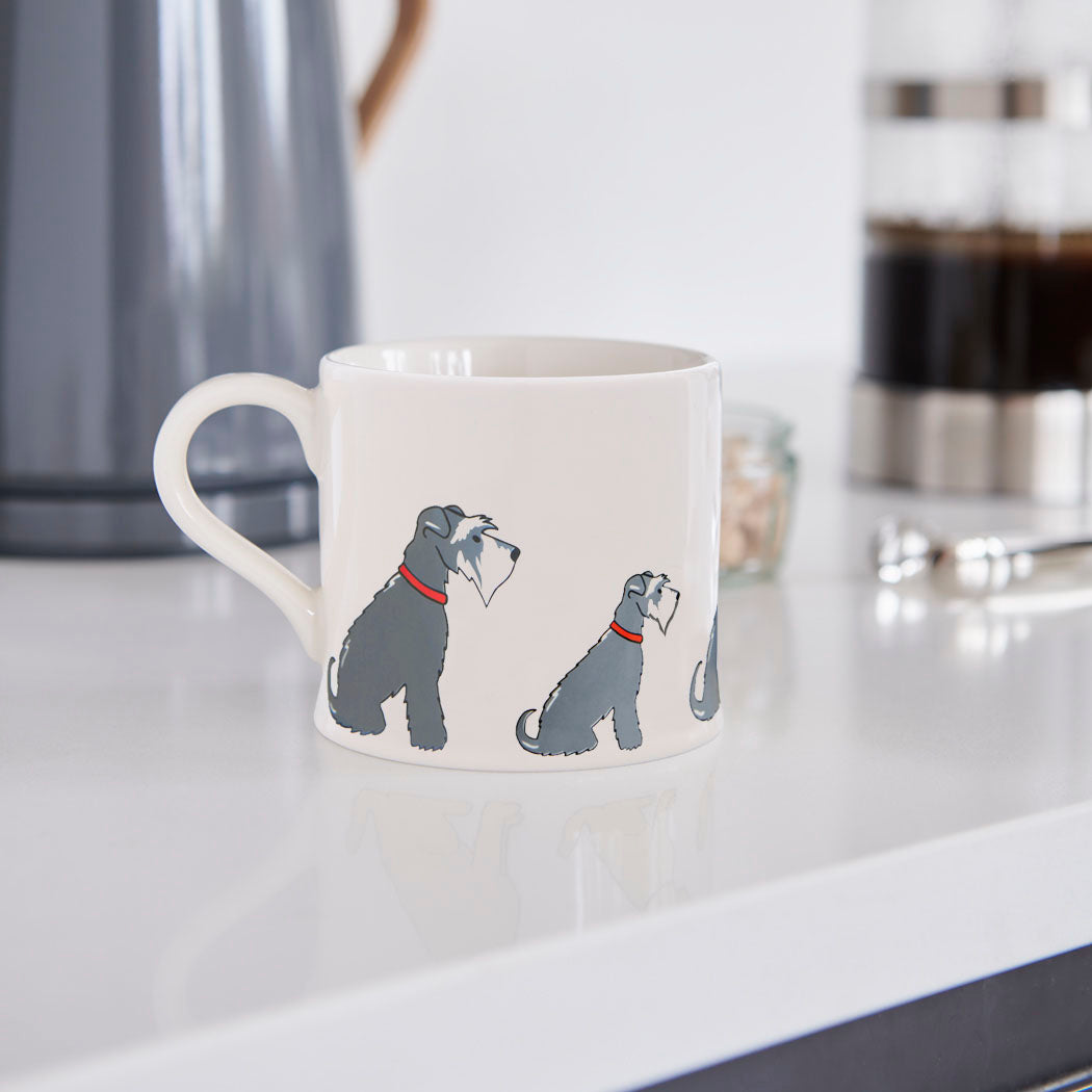 Sweet William Grey Schnauzer Mug in a kitchen setting — illustrated Grey Schnauzer ceramic mug