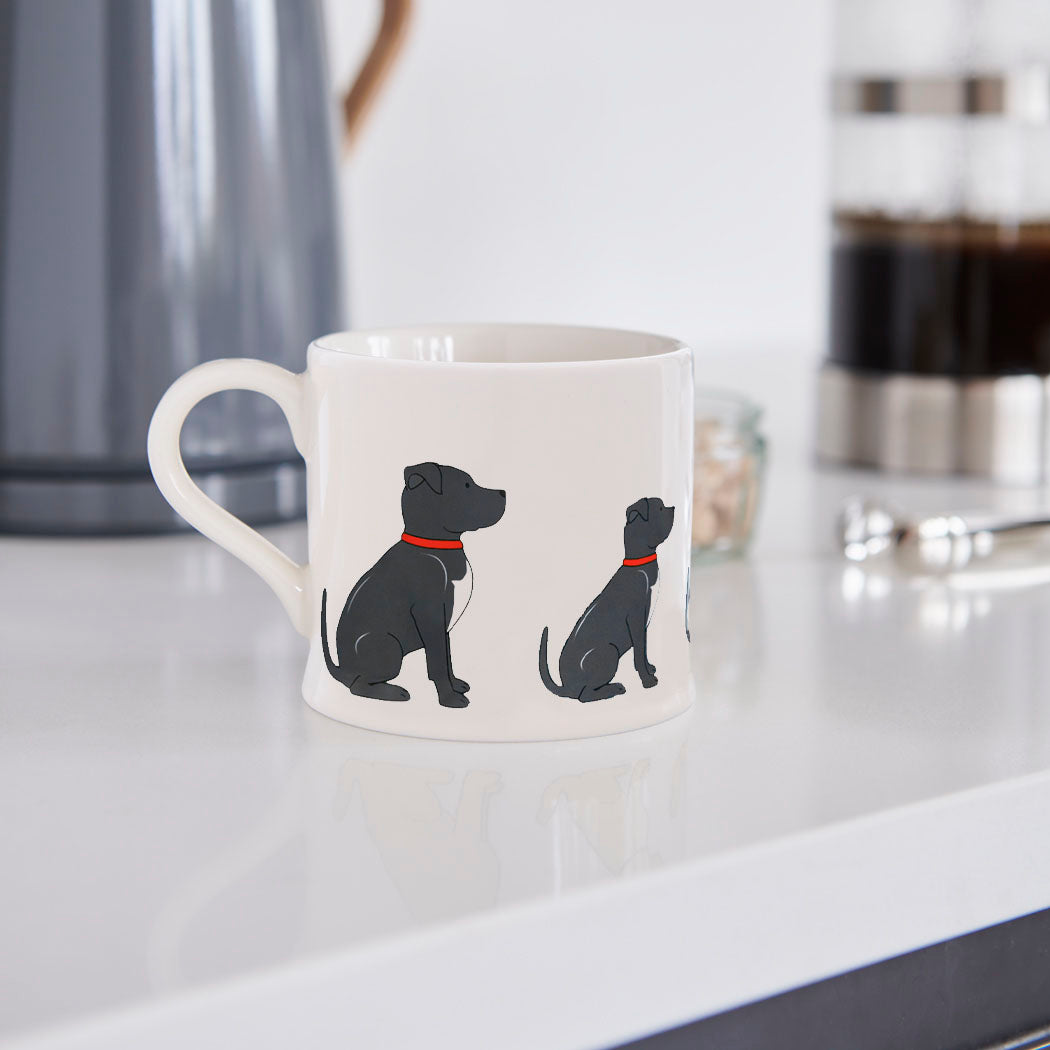 Sweet William Staffie / Staffordshire Bull Terrier Mug in a kitchen setting — illustrated Staffordshire Bull Terrier ceramic mug