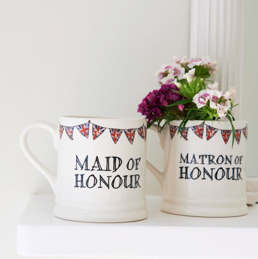 Maid of Honour wedding mug with British bunting and flowers, a lovely wedding keepsake for Bridesmaids