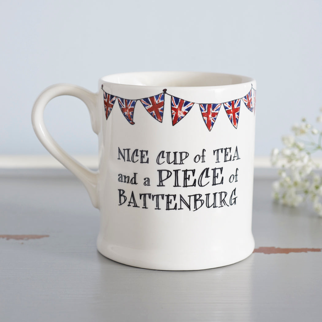 Ceramic mug with Union Jack bunting and “Nice cup of tea and a piece of Battenburg”, a perfect gift for tea and cake lovers
