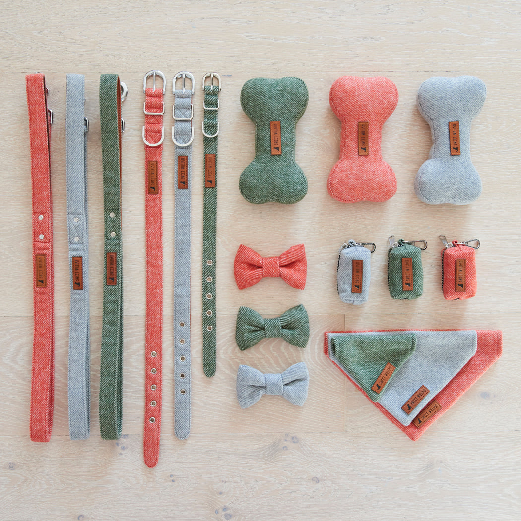 Coordinating orange, green and grey tweed dog accessories including bandanas, collars, leads, bow ties, toys and poo bag holders by Sweet William Designs