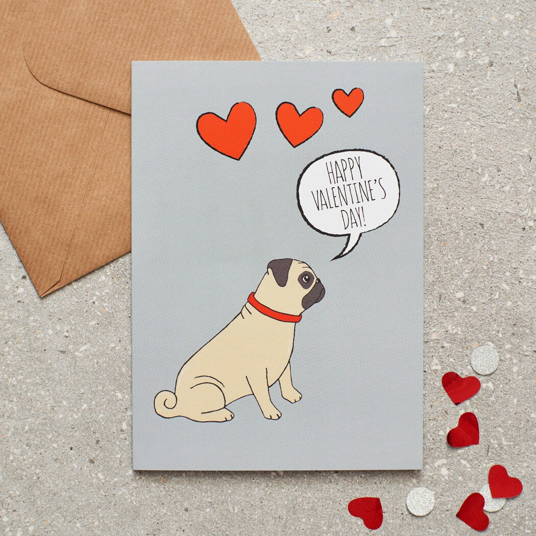 Pug Valentine's Day card — illustrated dog lover greeting card by Sweet William Designs