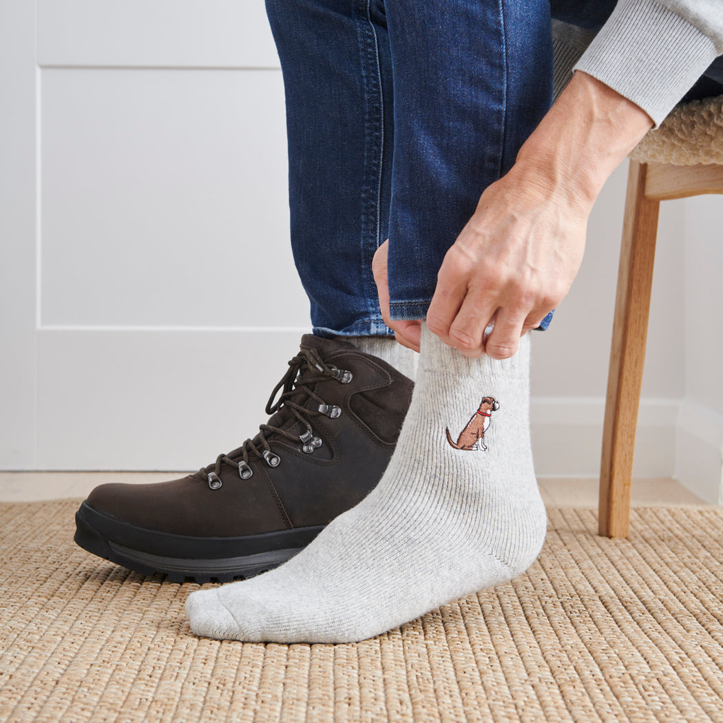Man wearing Boxer dog walking socks – wool embroidered design