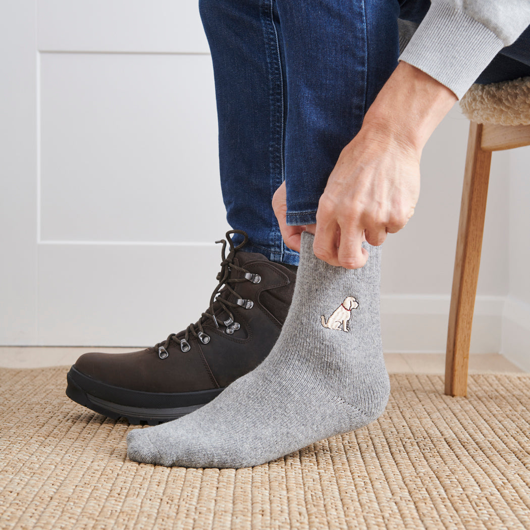 Man wearing Apricot Cockapoo Labradoodle dog walking socks – wool embroidered design