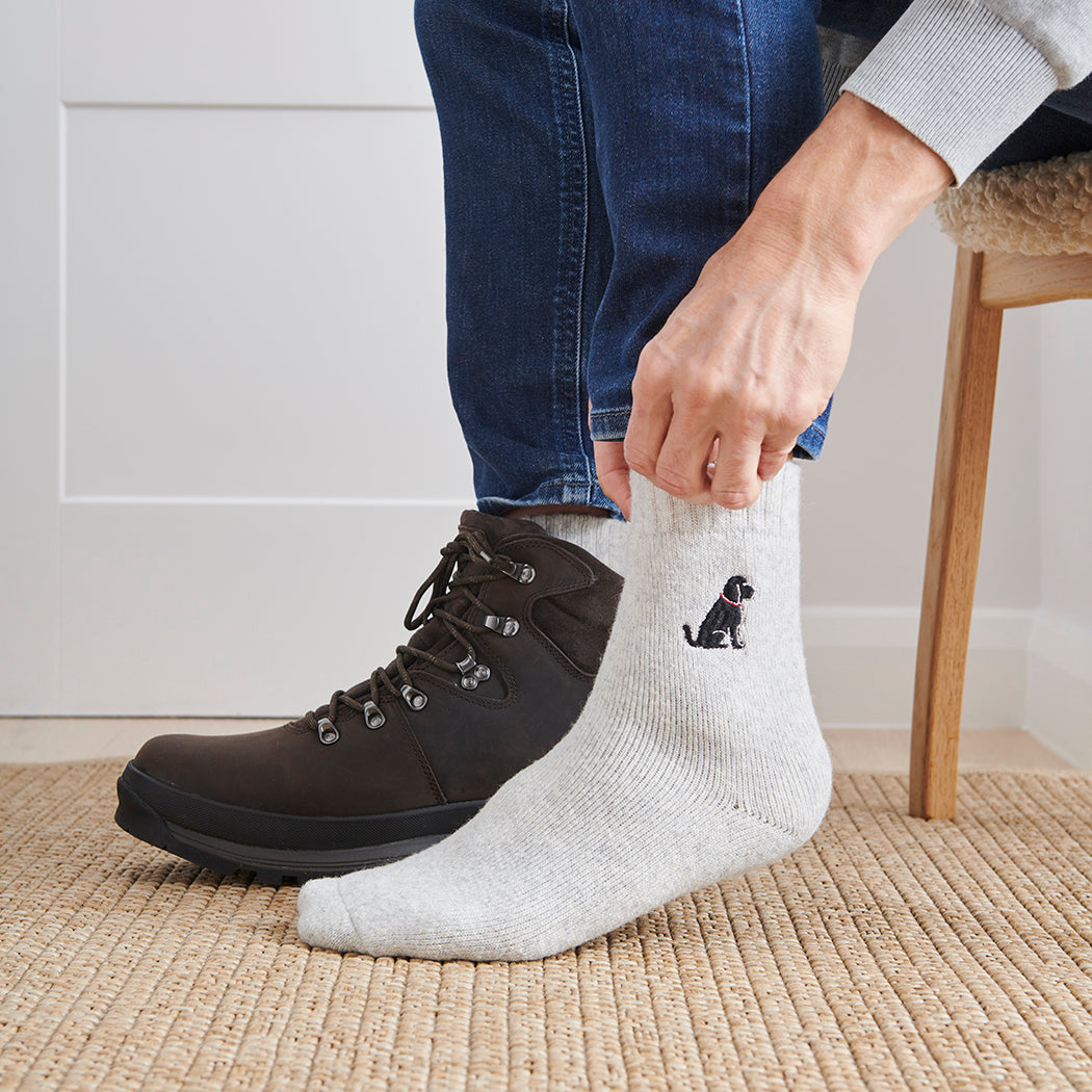 Man wearing Black Cockapoo Labradoodle dog walking socks – wool embroidered design