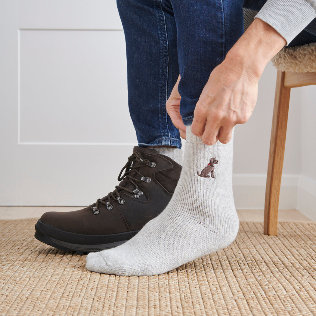 Man wearing Chocolate Cocker Spaniel dog walking socks — embroidered wool blend, unisex gift for dog lovers