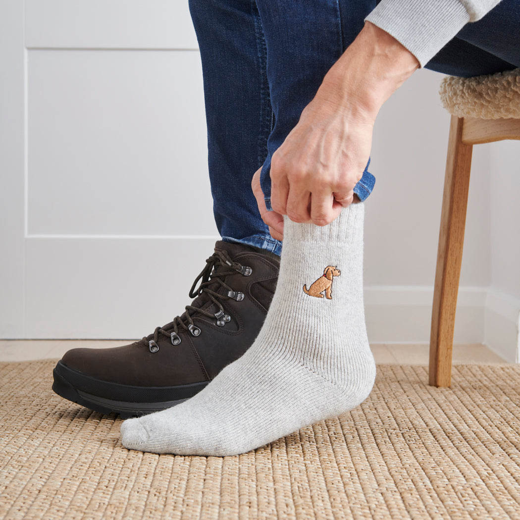 Man wearing Golden Cocker Spaniel dog walking socks — embroidered wool blend, unisex gift for dog lovers