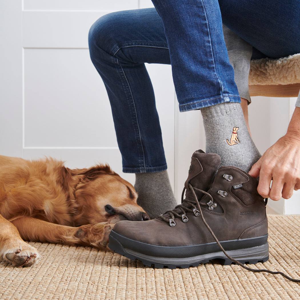 Man wearing Golden Retriever embroidered walking socks outdoors — unisex wool blend dog lover gift
