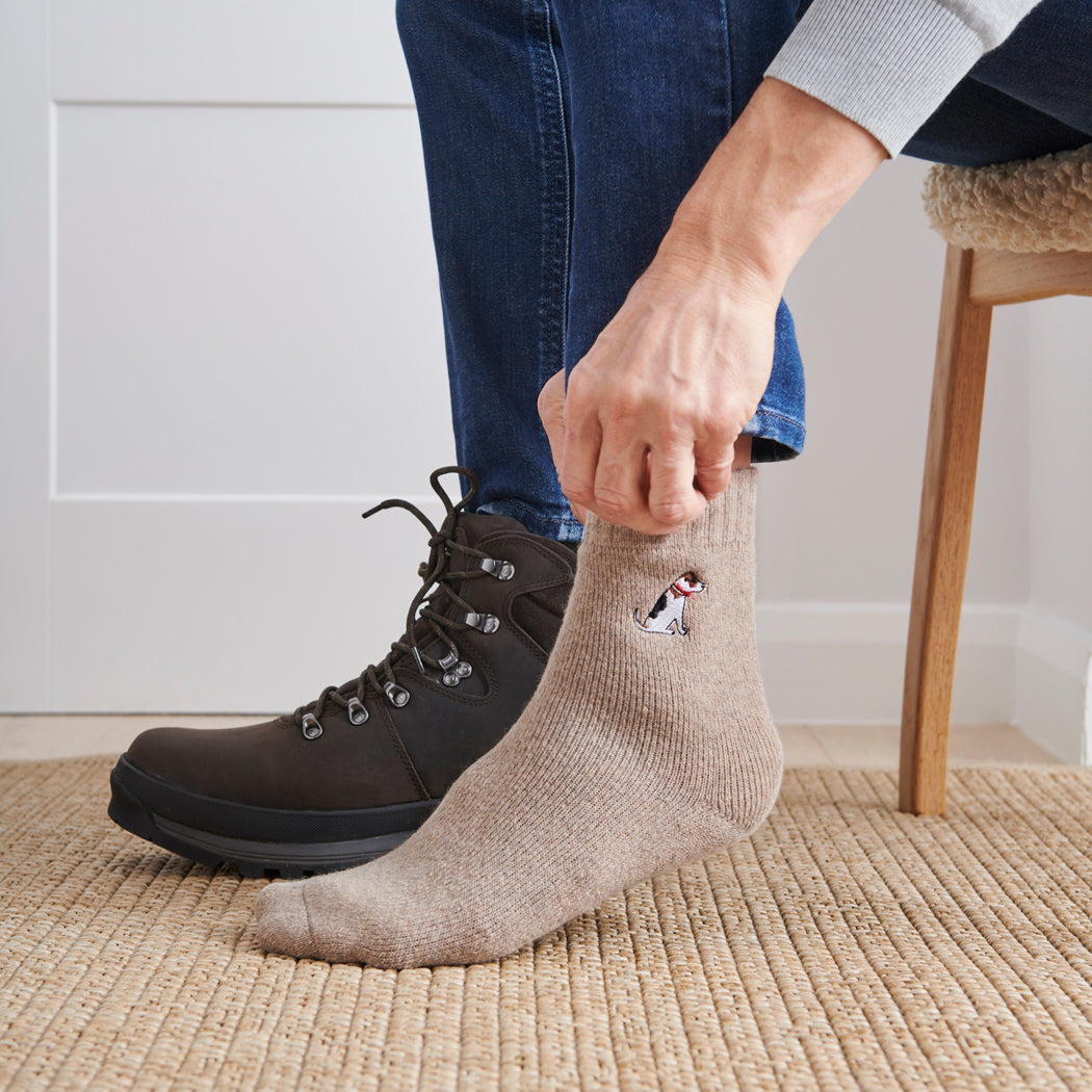 Man wearing Jack Russell dog walking socks — embroidered wool blend, unisex gift for dog lovers