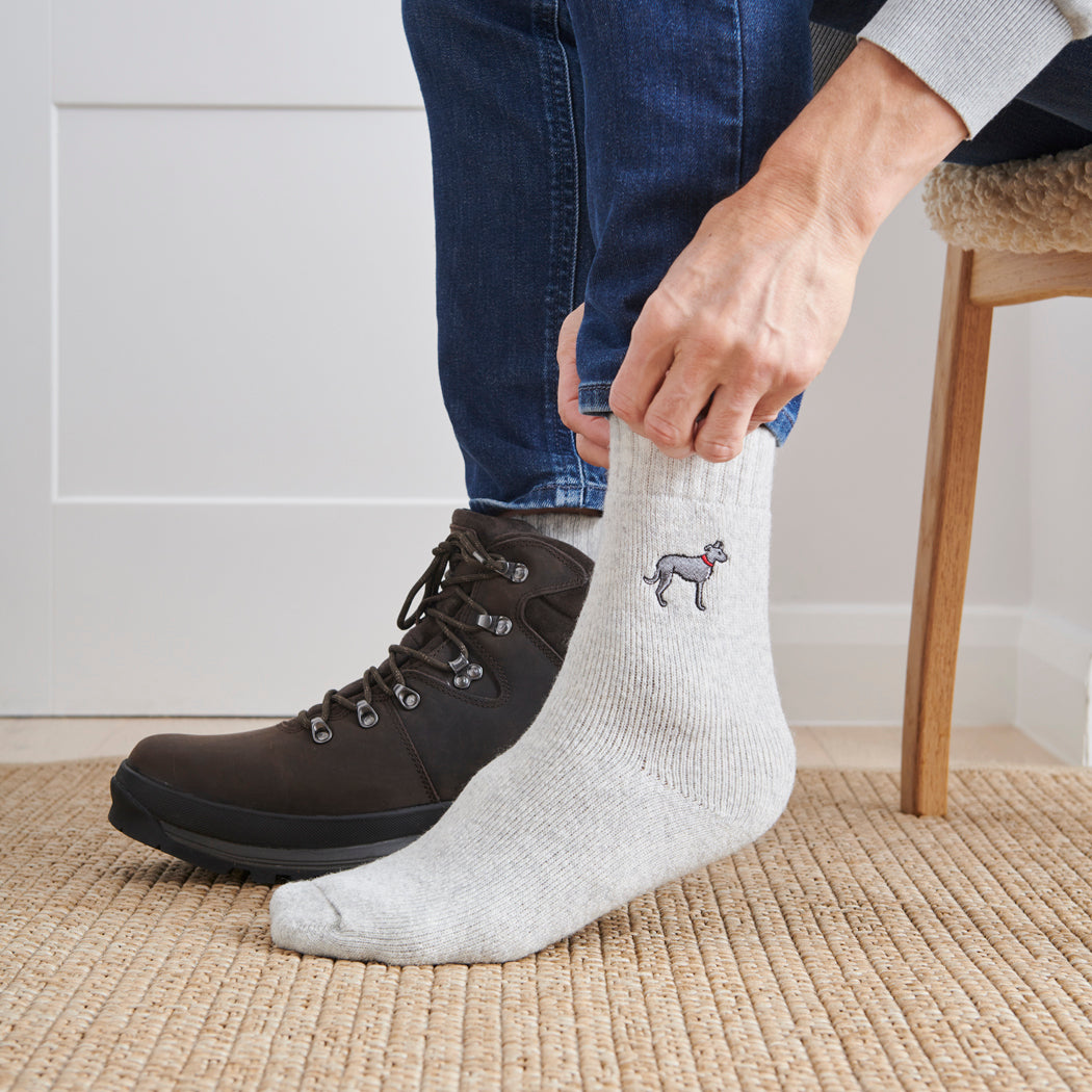 Man wearing Lurcher dog walking socks — embroidered wool blend, unisex gift for dog lovers