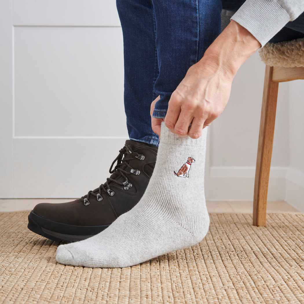 Man wearing Liver Springer Spaniel dog walking socks — embroidered wool blend, unisex gift for dog lovers