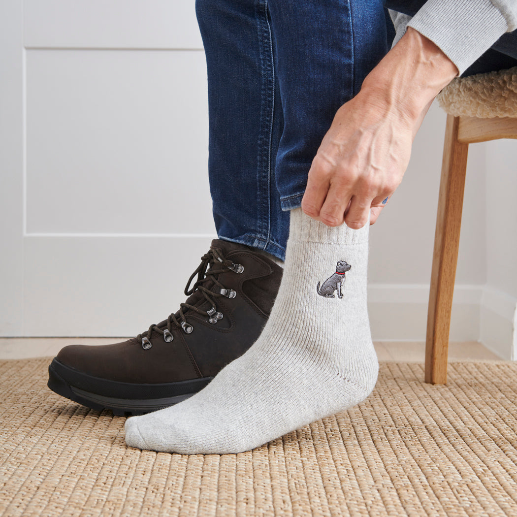 Man wearing Staffie dog walking socks — embroidered wool blend, unisex gift for dog lovers
